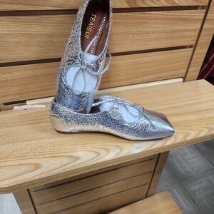 Silver Metallic Ballet Flats with Ankle Tie Detail